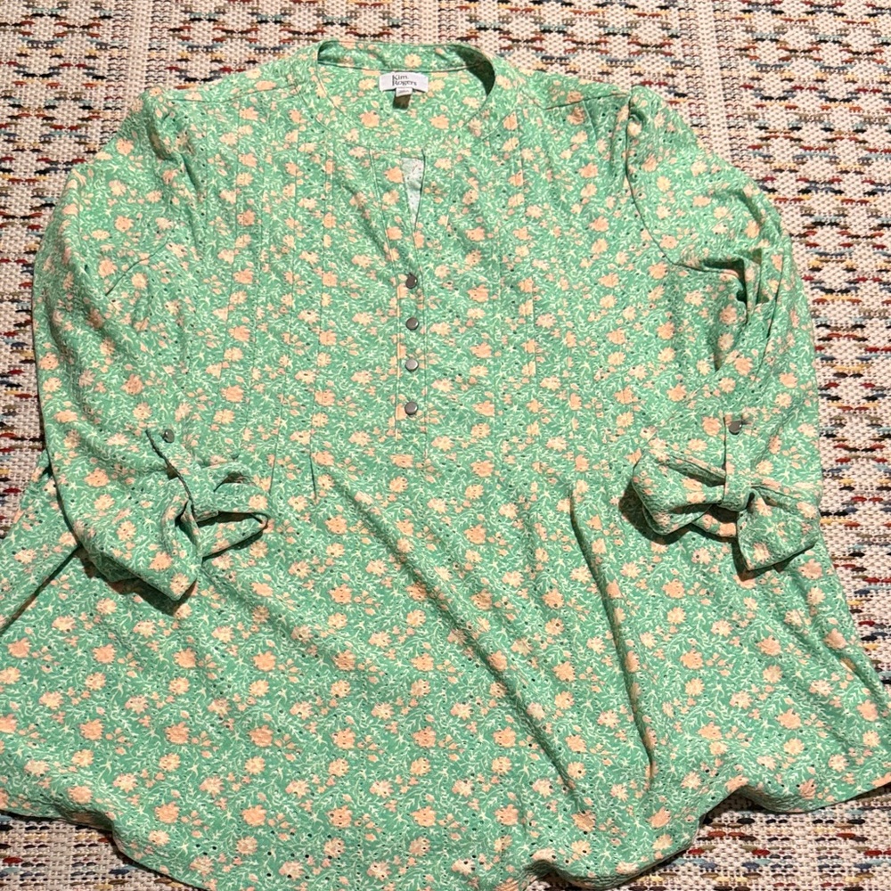 Kim Rogers Green Floral Blouse with 3/4 Sleeves‎